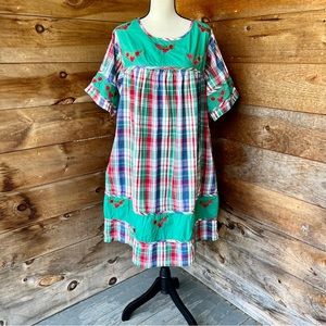 Women Vintage Plaid Christmas Housecoat Smock Dress Embroidered Holly Pockets